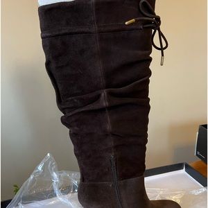 INC suede tall boot with wedge heel, espresso brown color, size 7M, NWT